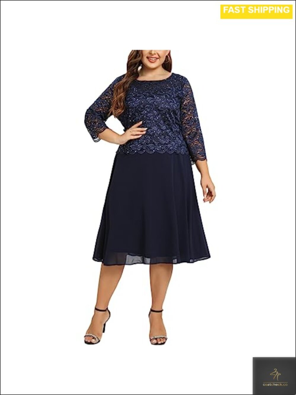 Plus Size Tea Length Sequin Lace Dress V-Neck Sleeveless Mother of the Bride